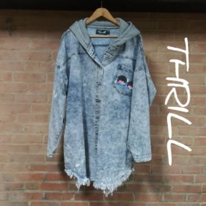 Thrill | PLUS Distressed Hooded Graffic Long Jacket Dress - 3X